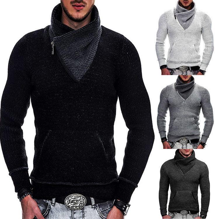 Men's slim fit knitted pullover with asymmetrical zip cowl neck, shown in black, white, gray, and dark gray.