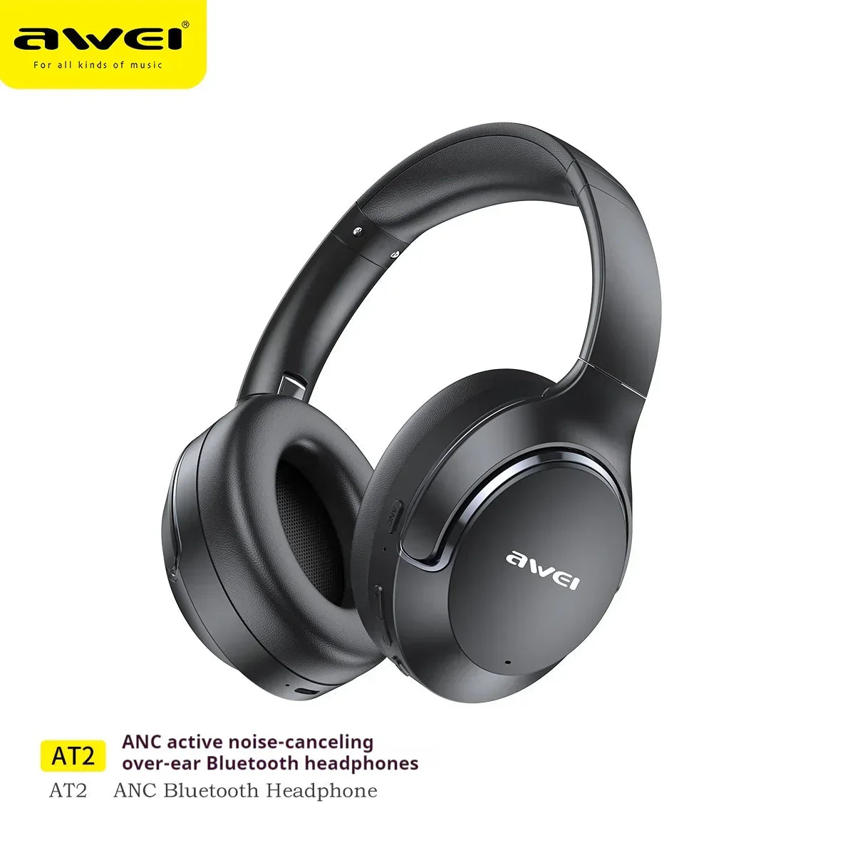 Black over-ear wireless headphones with cushioned ear cups, sleek matte finish, modern style