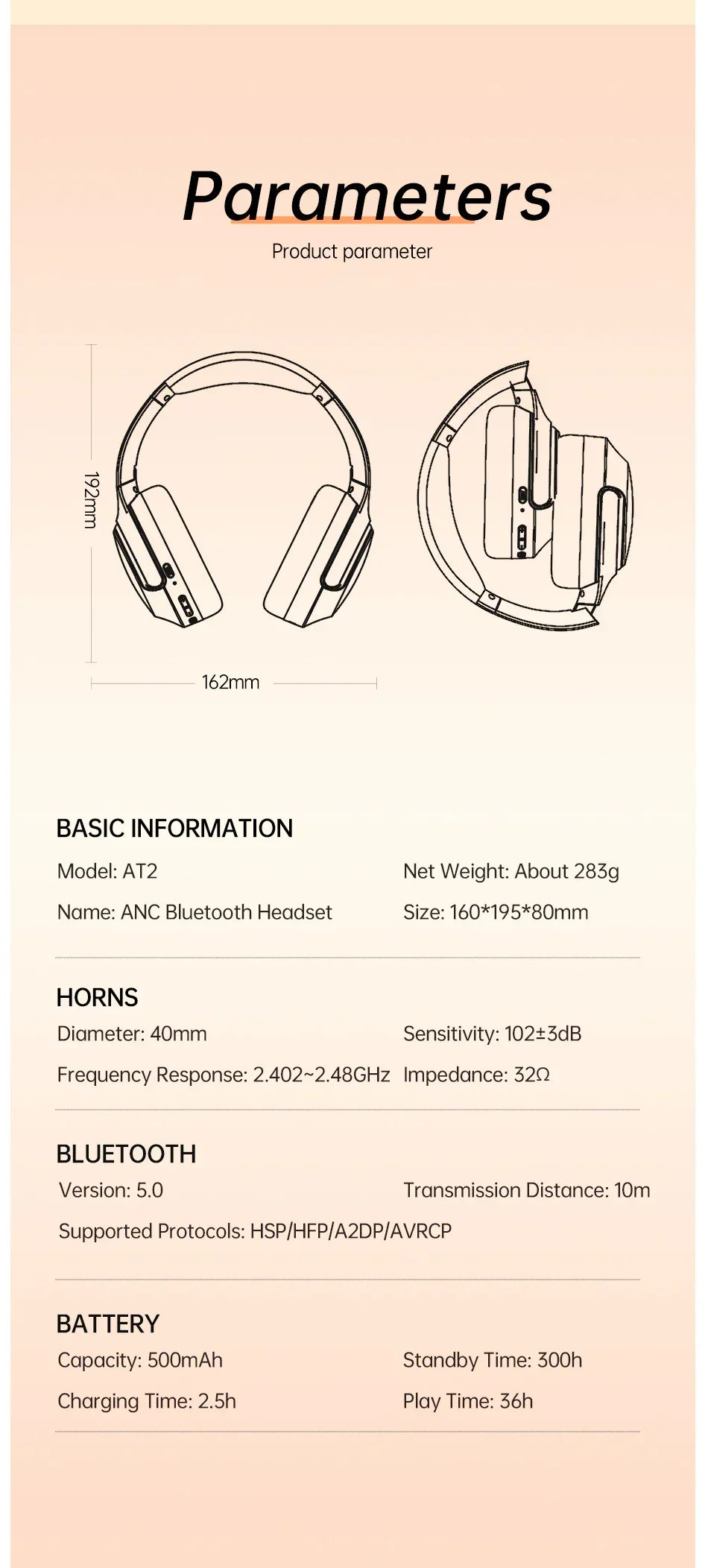 Technical diagram of over-ear wireless headphones with detailed product specifications, black lines on a beige background.