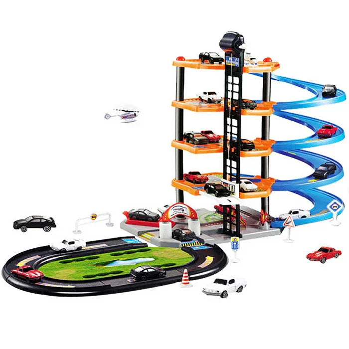 Colorful plastic toy parking garage set with mini cars, helipad, spiral ramp, and road tracks