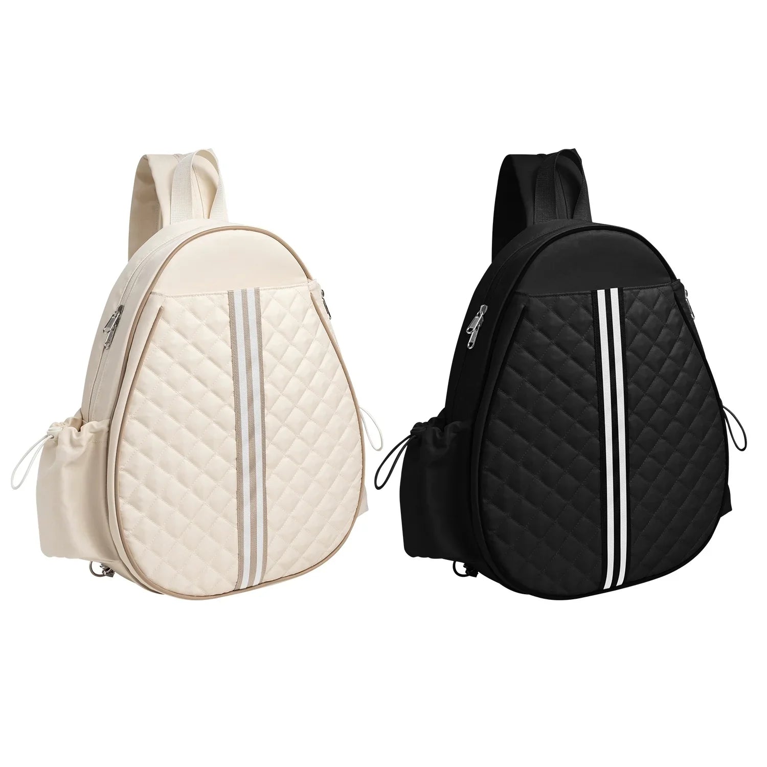Quilted backpacks in cream and black with vertical stripe accents and side pockets