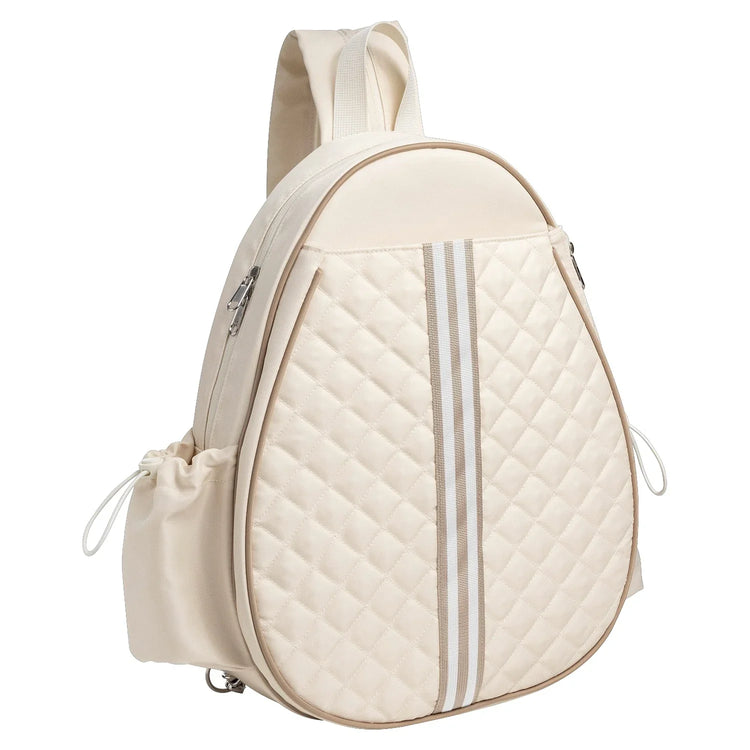 Cream quilted backpack with striped accent, side pockets, soft material, modern streetwear style
