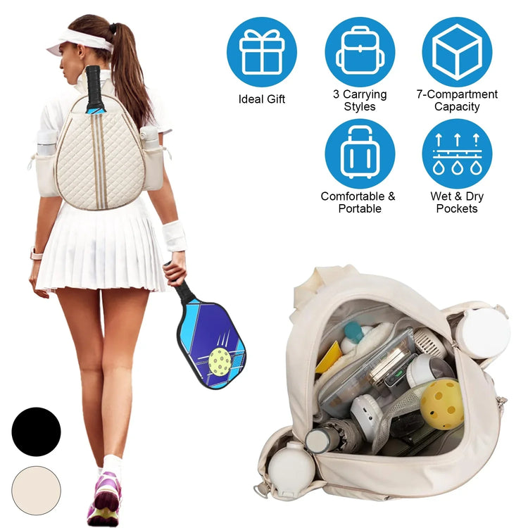 Woman in white pleated tennis skirt and visor carrying a quilted beige pickleball backpack
