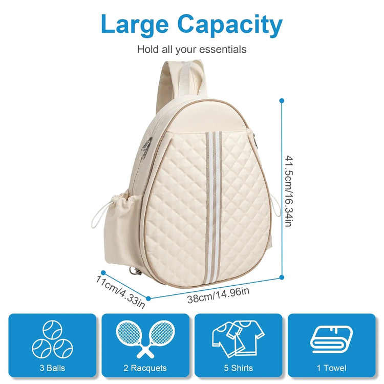 Cream quilted backpack with striped front, large capacity, side pocket, modern streetwear style