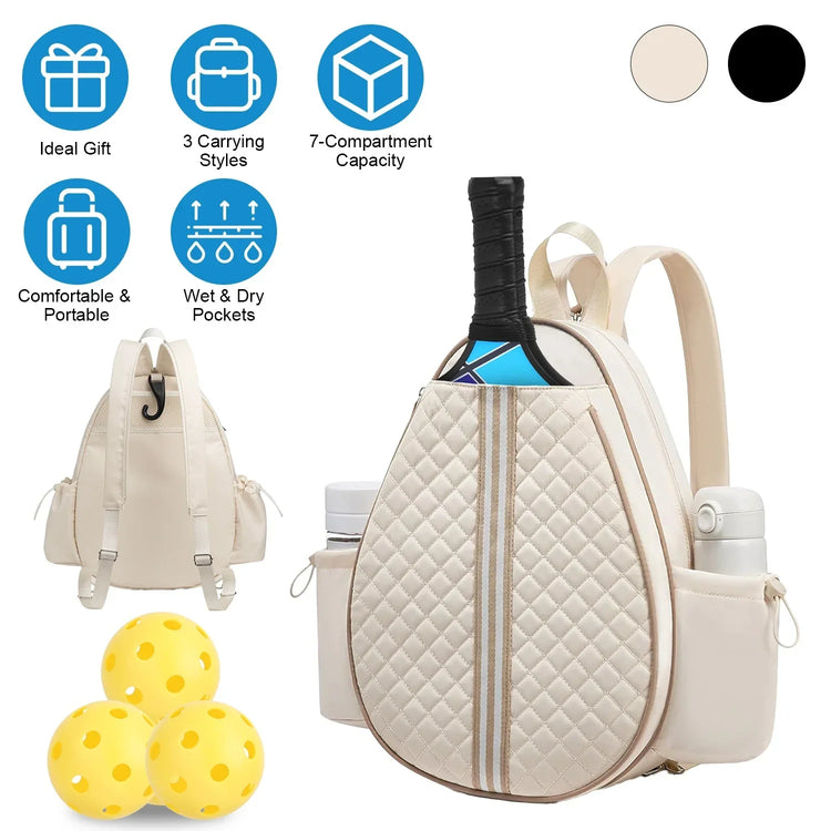 Beige quilted pickleball backpack with multiple compartments, side pockets, and dual straps.