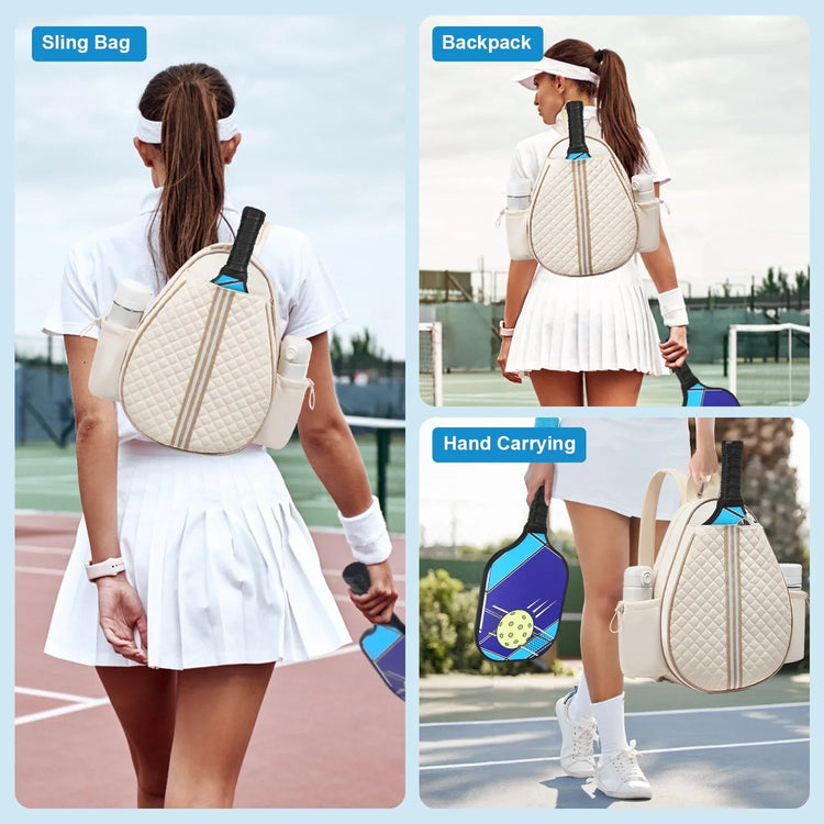 Woman in white pleated tennis skirt and polo shirt, carrying a quilted cream sports bag in three ways: sling, backpack, and hand carry, on a tennis court.