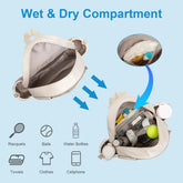 Beige backpack with wet and dry compartments, spacious interior for clothes, towels, and gear.