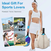 Woman in white athletic crop top and tennis skirt holding quilted sports backpack