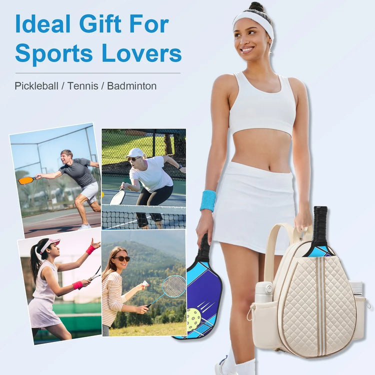 Woman in white athletic crop top and tennis skirt holding quilted sports backpack