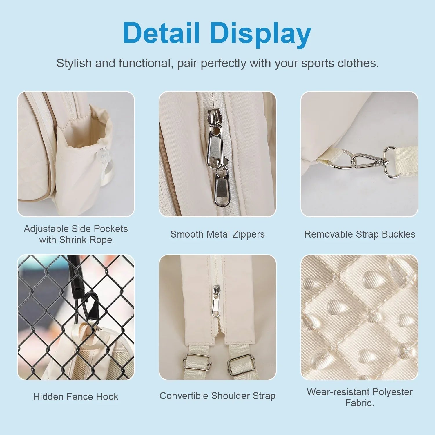 Detail display of beige polyester bag with adjustable side pockets, metal zippers, removable strap buckles, hidden fence hook, convertible shoulder strap, and water-resistant quilted fabric.