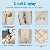 Detail display of beige polyester bag with adjustable side pockets, metal zippers, removable strap buckles, hidden fence hook, convertible shoulder strap, and water-resistant quilted fabric.
