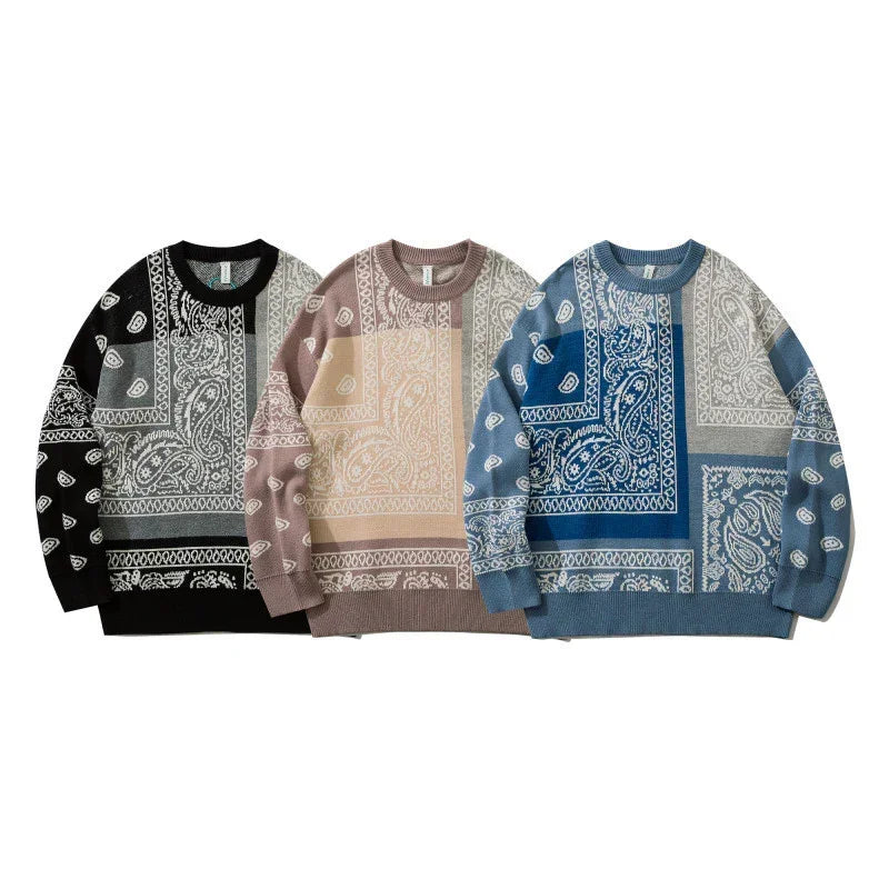 Oversized crewneck sweaters in black, beige, and blue with paisley bandana print pattern