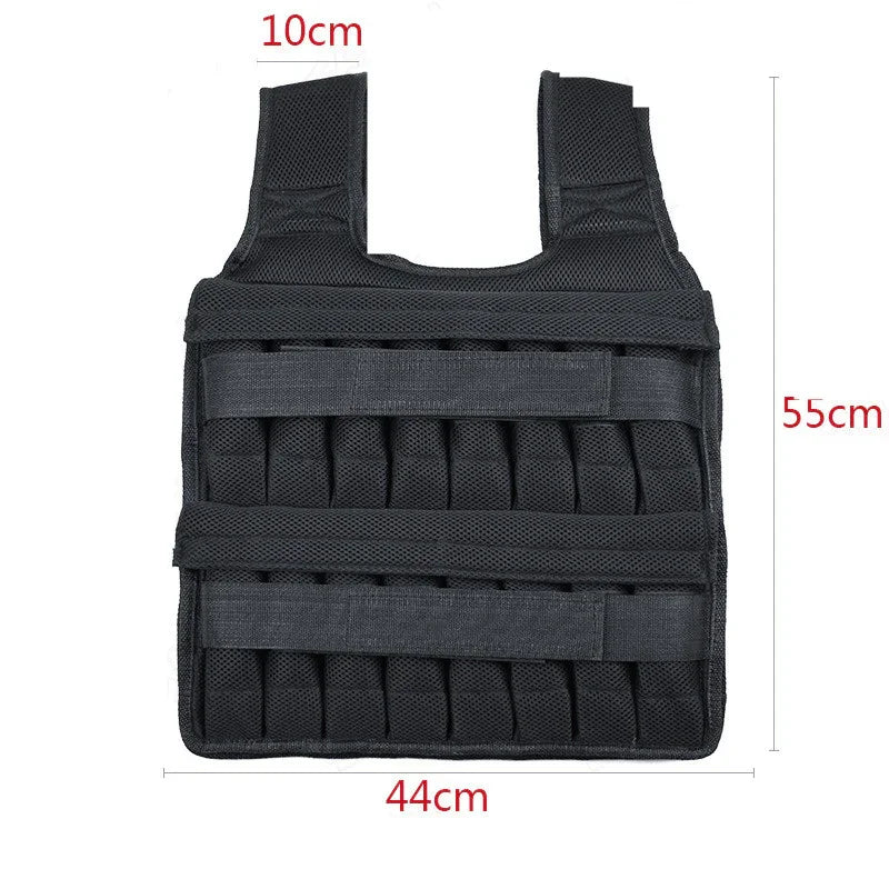 Black tactical-style vest with mesh fabric, adjustable fit, and visible size measurements.