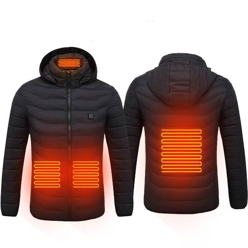 Black heated puffer jacket with hood, front and back view, slim fit, synthetic material