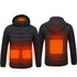 Black heated jacket coat with USB electric heating zones on front and back, removable hood, and thermal insulation for men winter wear