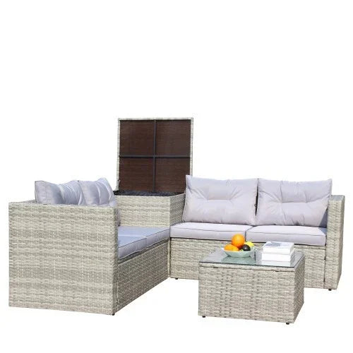 Light grey rattan outdoor sectional sofa set with plush cushions and glass-top coffee table