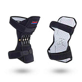 Black adjustable knee brace with spring support and white padded lining, ergonomic fit