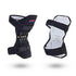 Black adjustable knee brace with spring support and white padded lining, ergonomic fit