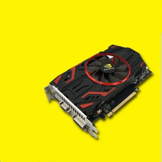 Black and red graphics card with cooling fan and exposed ports on bright yellow background