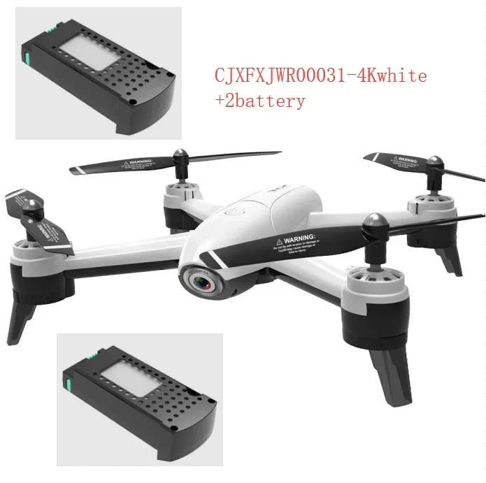 White quadcopter drone with camera, black accents, and two included rechargeable batteries.