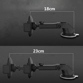 Adjustable black car mount holder with suction base, showing 18cm and 23cm extension lengths