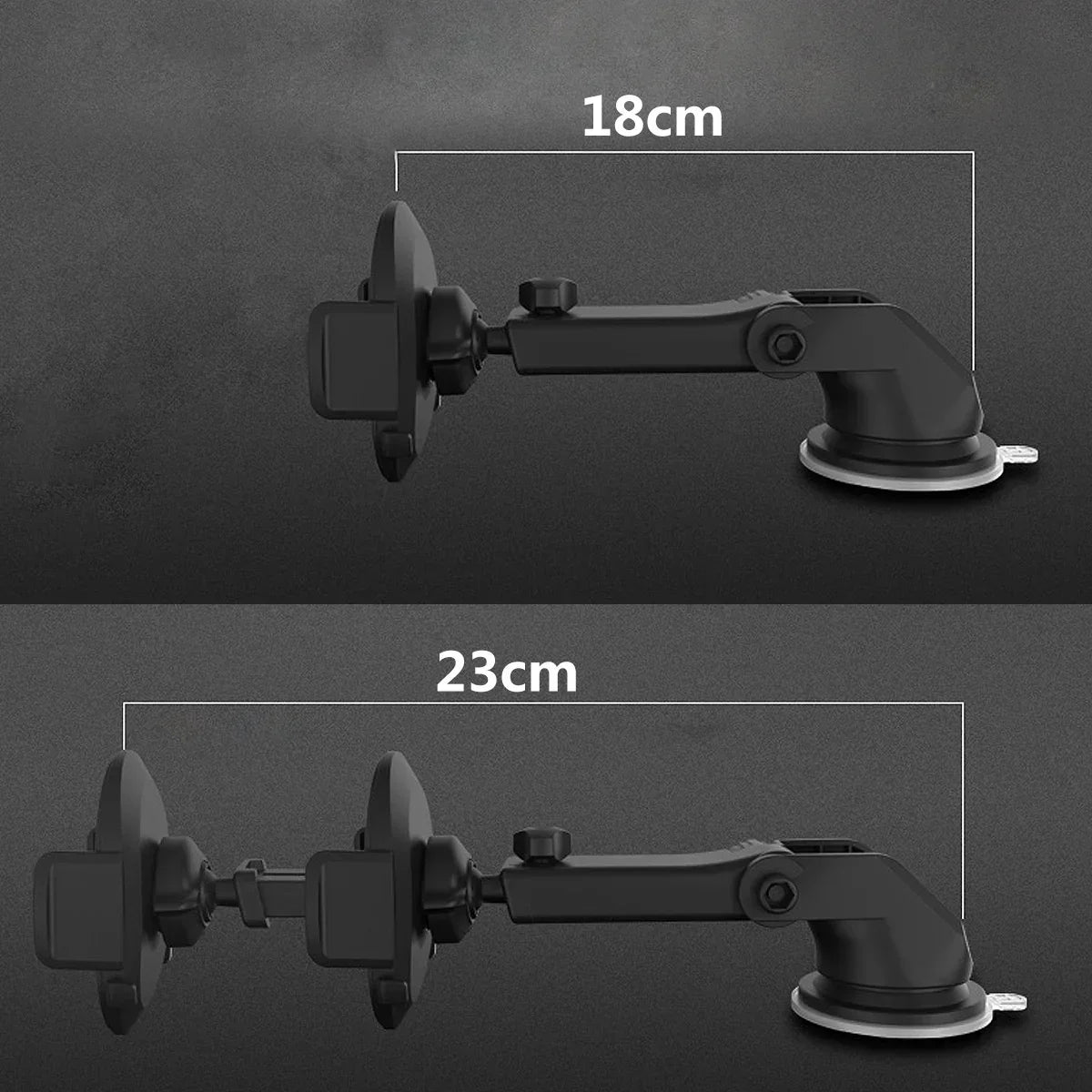 Adjustable black car mount holder with suction base, showing 18cm and 23cm extension lengths