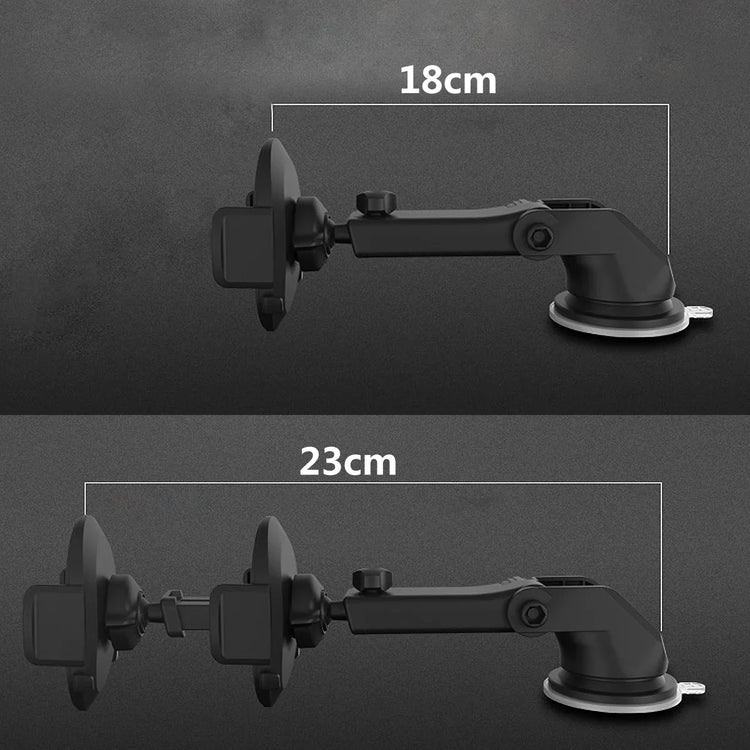Adjustable black car mount holder with suction base, showing 18cm and 23cm extension lengths