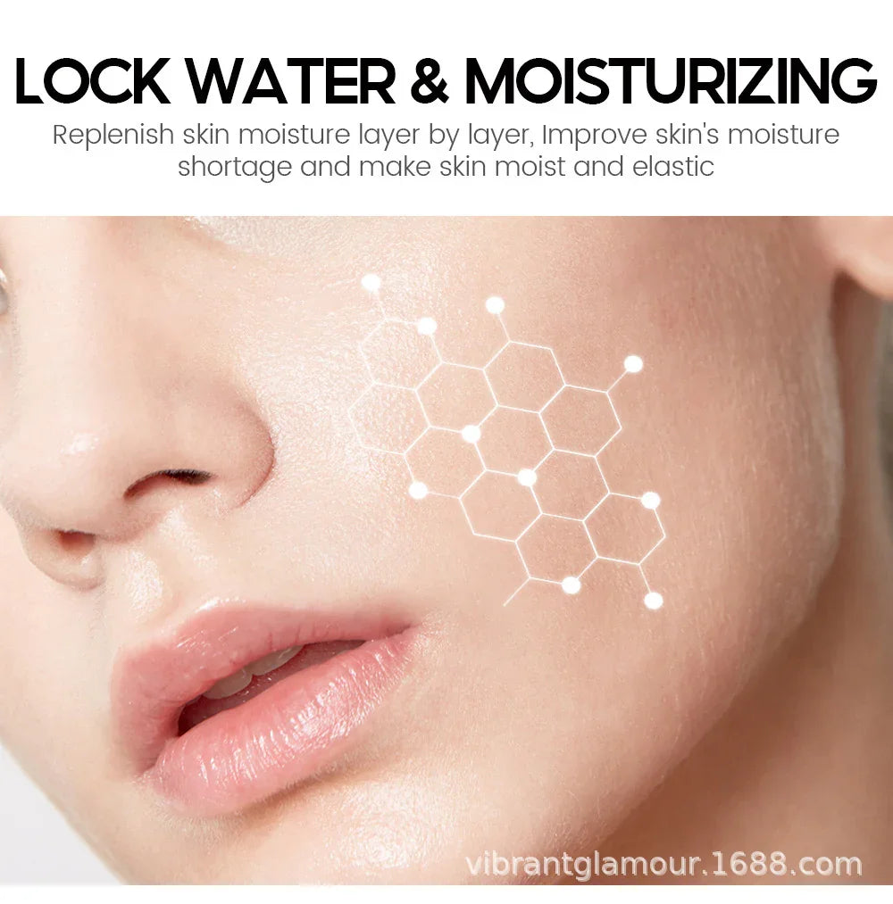 Close-up of hydrated, smooth skin with moisturizing effect graphic on cheek