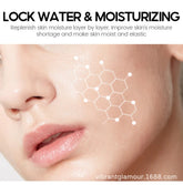 Close-up of hydrated, smooth skin with moisturizing effect graphic on cheek