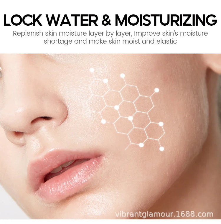 Close-up of hydrated, smooth skin with moisturizing effect graphic on cheek