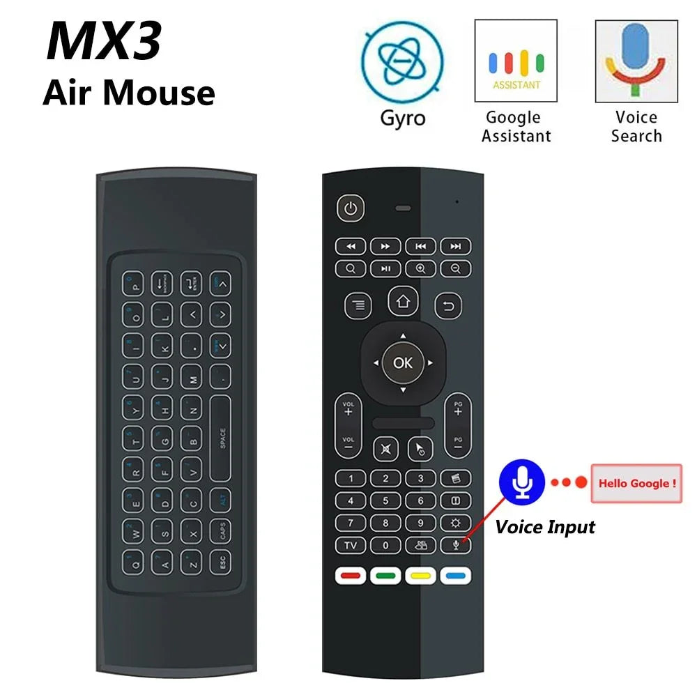 Black MX3 air mouse remote with full QWERTY keyboard, voice input, and gyro control features.