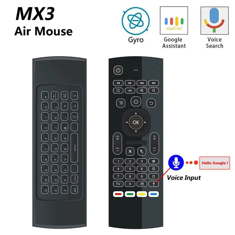 Black MX3 air mouse remote with full QWERTY keyboard, voice input, and gyro control features.