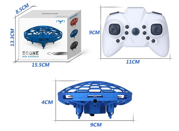 Blue mesh mini drone with auto-avoidance, compact remote control, and packaging display.