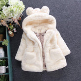 Plush cream faux fur hooded jacket with bear ears, long sleeves, and relaxed fit