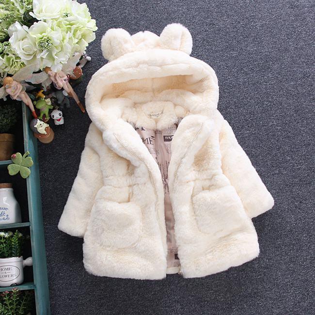 Plush cream faux fur hooded jacket with bear ears, long sleeves, and relaxed fit