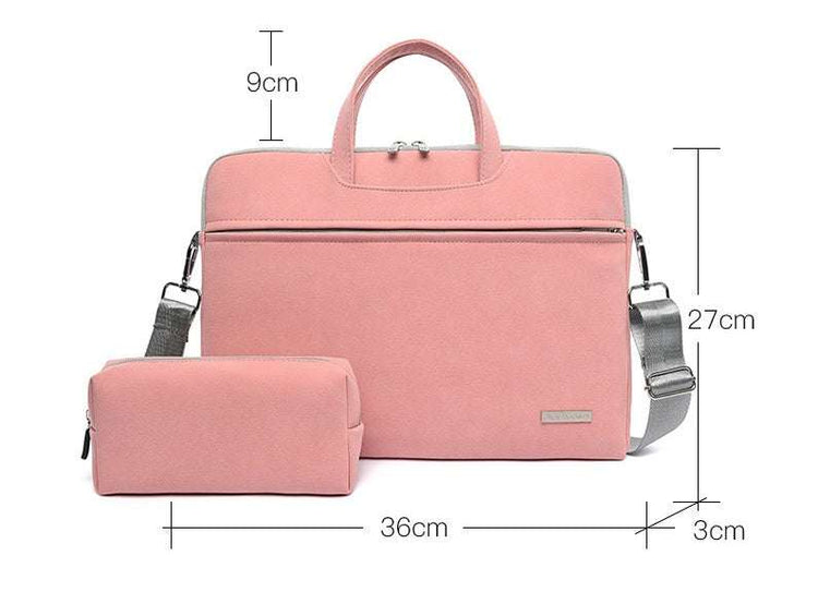 Pink PU leather women laptop bag with handle and detachable shoulder strap, 36x27x3 cm, includes matching accessory pouch