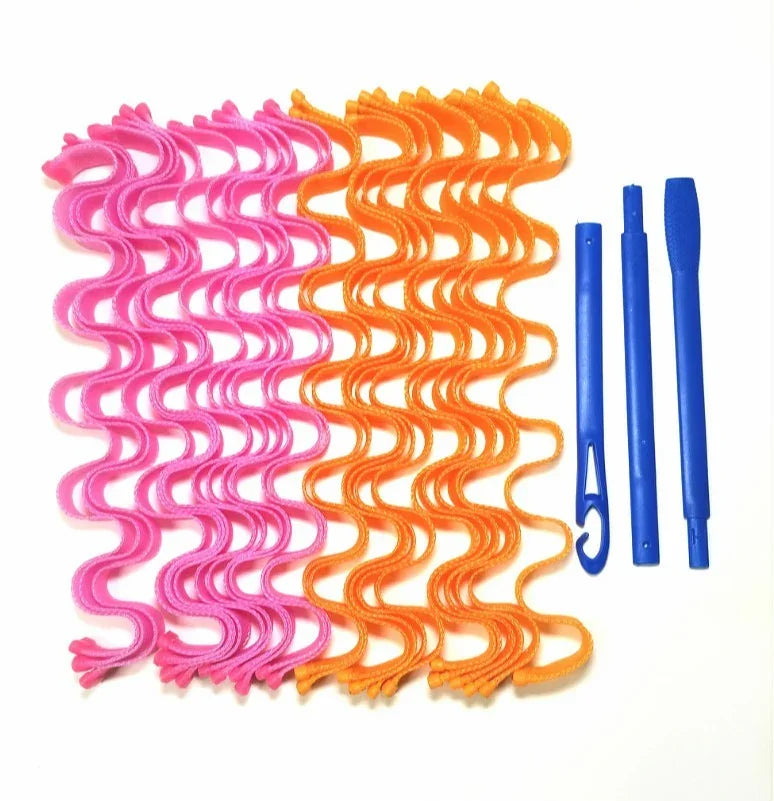 Pink and orange flexible wave-shaped hair curlers with blue plastic styling tools