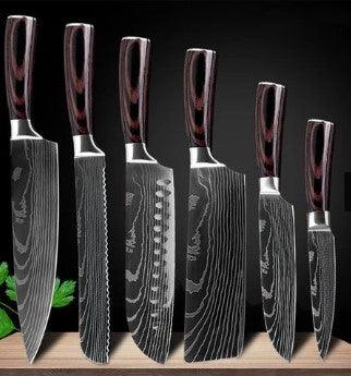Set of six stainless steel kitchen knives with patterned blades and dark wooden handles