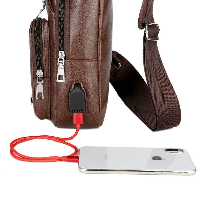 Brown USB portable charging messenger chest bag with external USB port and adjustable shoulder strap