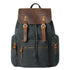 Dark canvas backpack with brown leather flap and straps, front zip pockets, vintage style