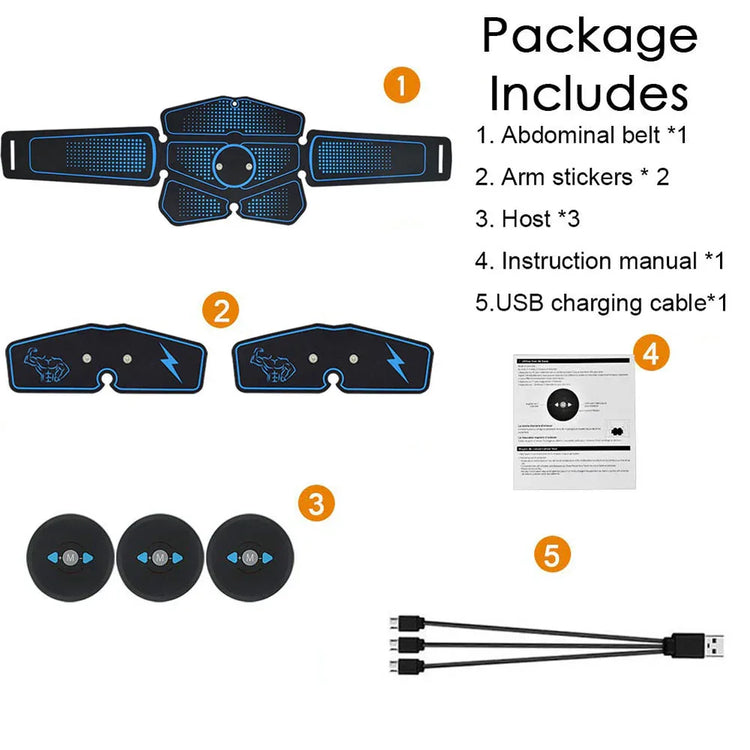Black and blue electronic abdominal belt with two arm pads, round controllers, USB charging cable, and instruction manual.