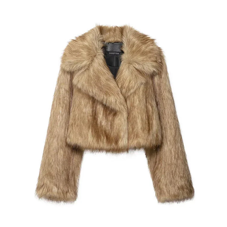 Light brown faux fur cropped jacket with long sleeves and wide collar