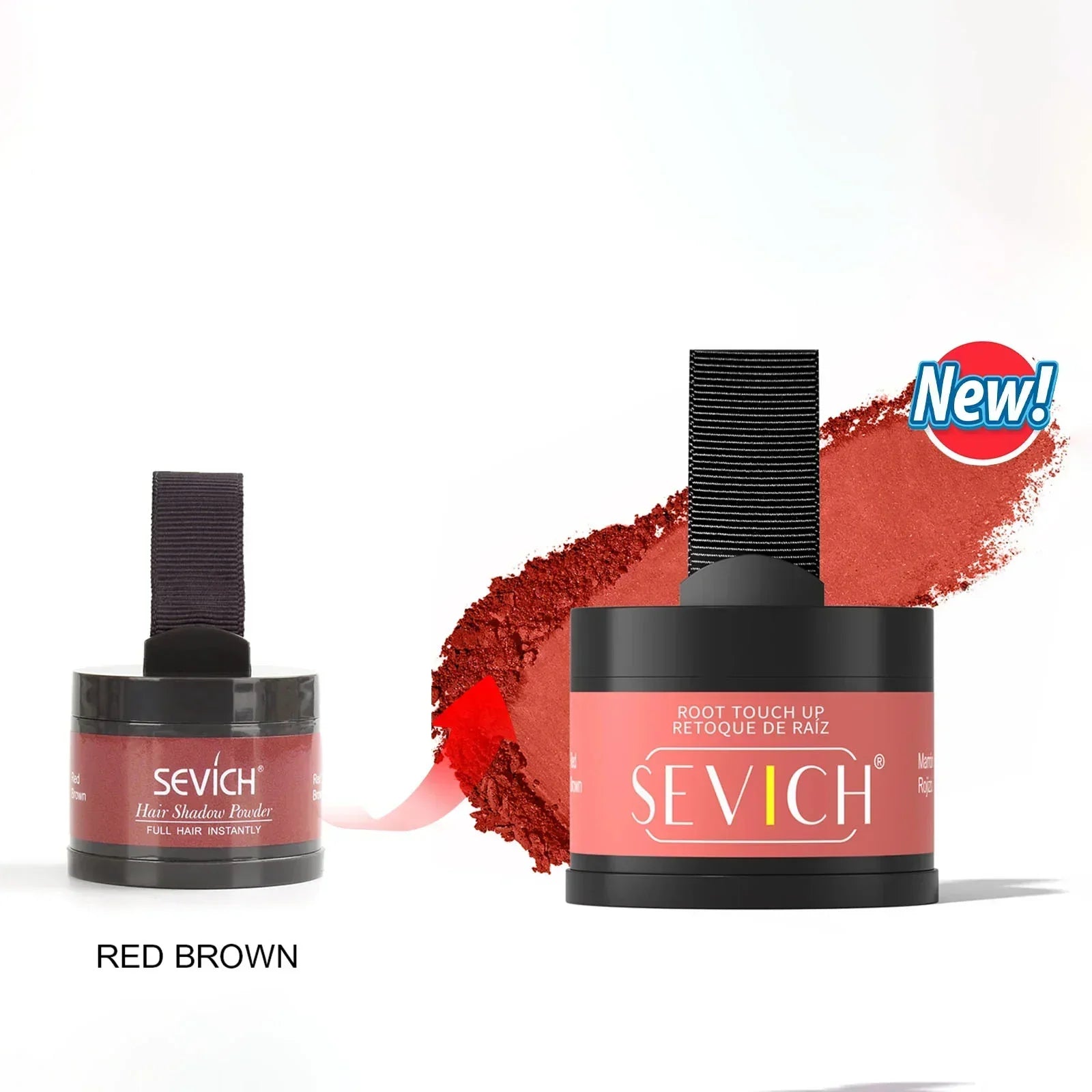 Red brown hair shadow powder in round container with applicator, root touch up makeup product