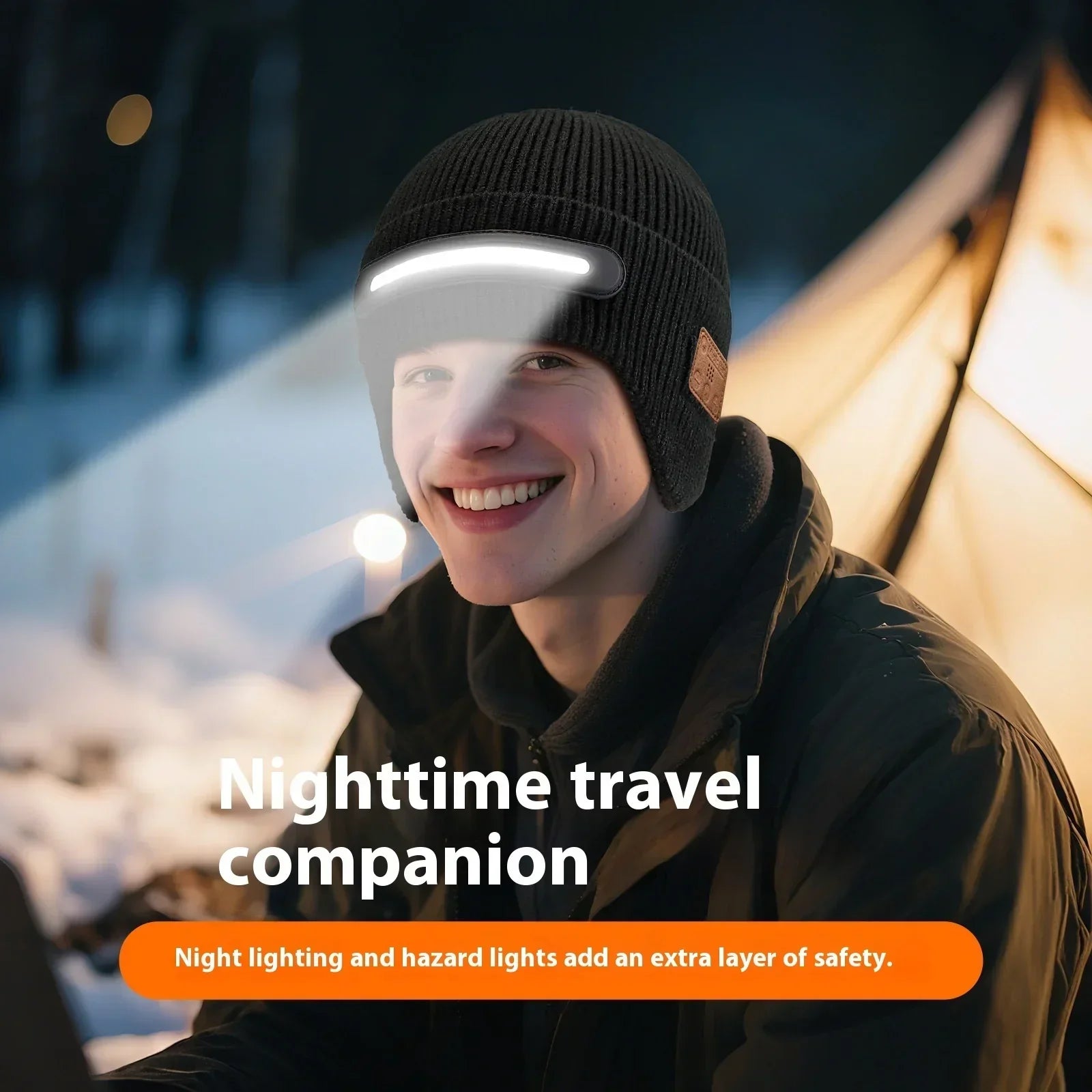 Young man wearing a black knit beanie with built-in LED light, suitable for nighttime outdoor activities, winter, and camping.