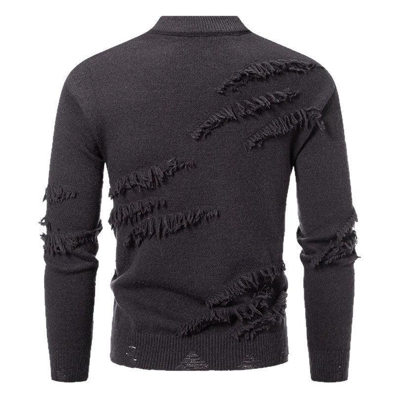 Black distressed knit sweater with frayed details and slim fit, back view.