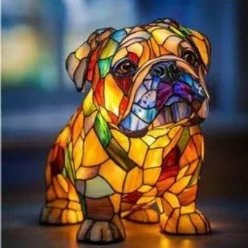 Bulldog-shaped stained glass lamp with colorful mosaic pattern, ambient lighting décor.