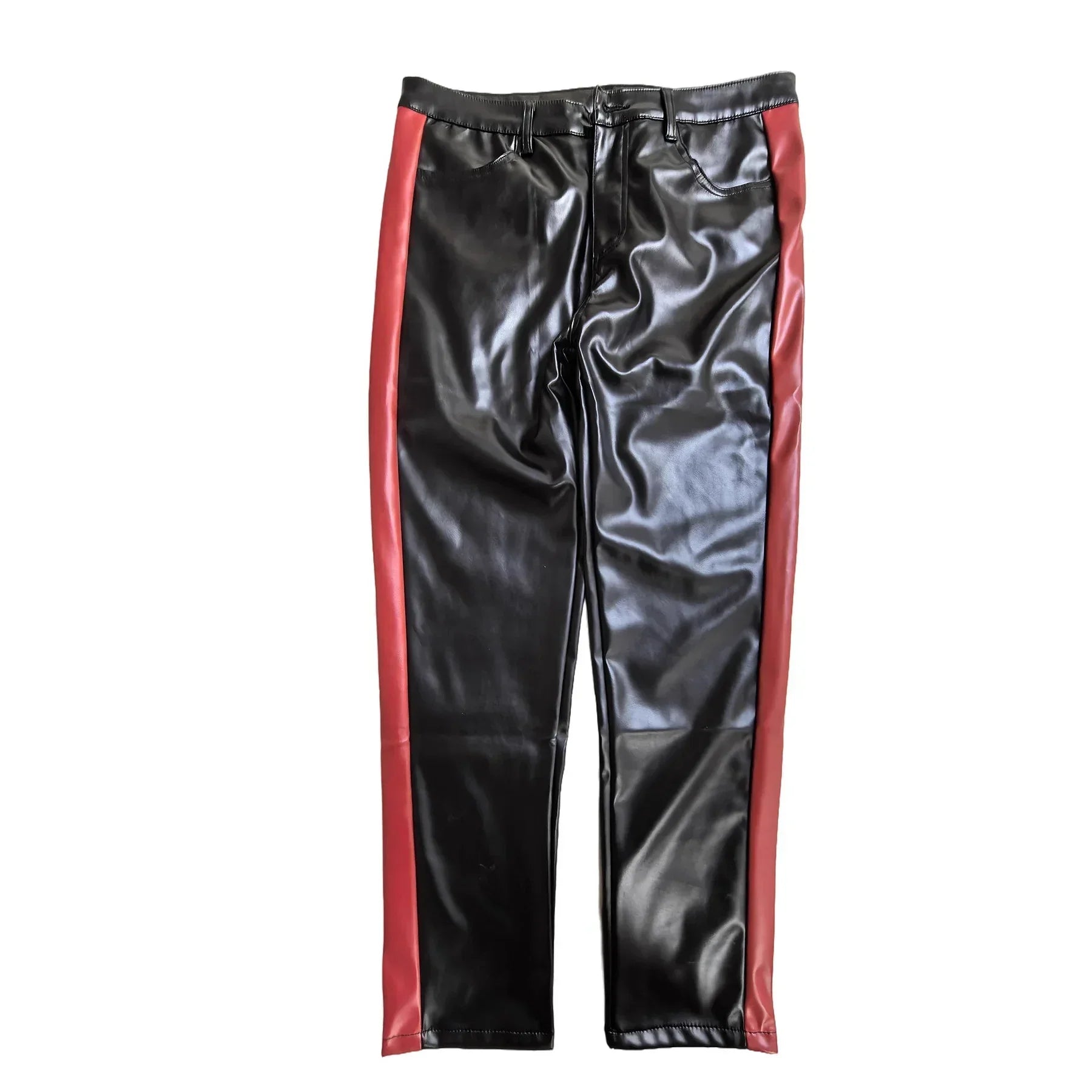 Black faux leather pants with red side stripes, slim fit, streetwear style