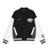 Black and white varsity jacket with embroidered graphics, striped cuffs, relaxed fit.