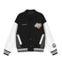 Black and white varsity jacket with embroidered graphics, striped cuffs, relaxed fit.