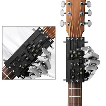 Metallic robotic hand holding a guitar neck with a black chord assist device attached.